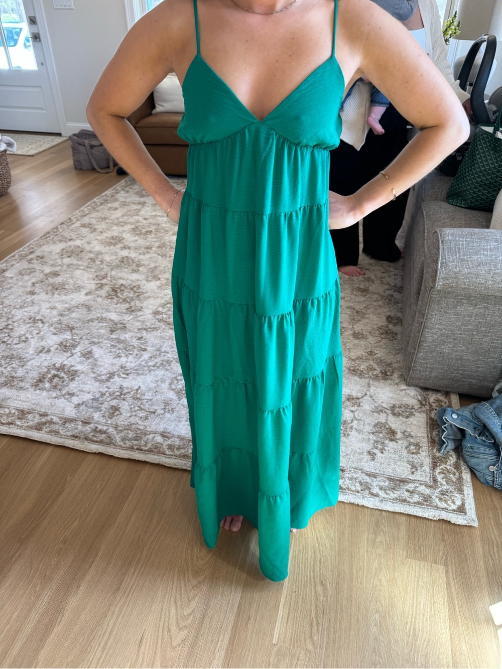 Sleeveless Emerald Green Tiered Maxi Dress with Spaghetti Straps